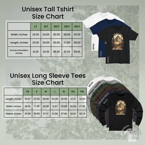 Size chart for Unisex Tall T-shirt and long sleeve tee