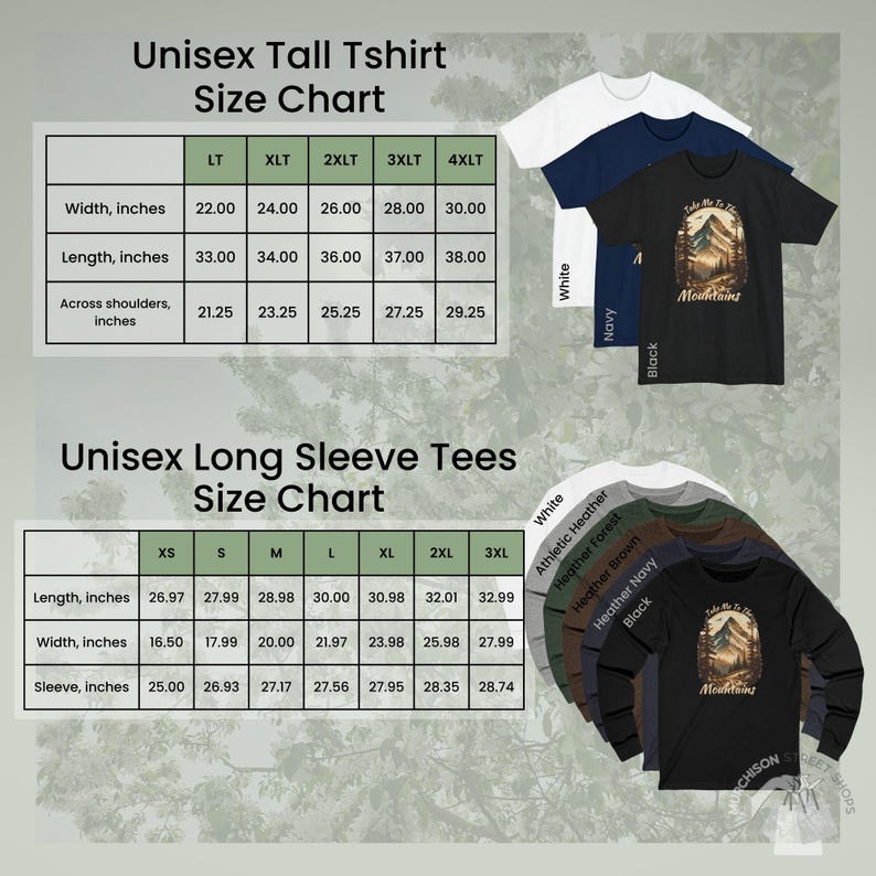 Size chart for Unisex Tall T-shirt and long sleeve tee