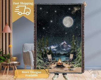 Cozy Campfire Throw Blanket Woven Blanket Cabin Decor Gift for Her Cuddle Blanket Nature Themed Blanket Stars Moon Mountain Artisan Blankets