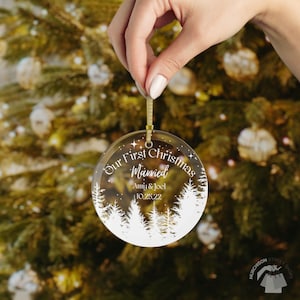 2024 Married Couple Ornament Custom clear glass with white forest and a starry sky. Married personalized with names and date.