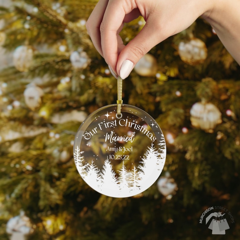 2024 Married Couple Ornament Custom clear glass with white forest and a starry sky. Married personalized with names and date.