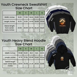 Size and color chart for Youth Unisex Sweatshirts and Hoodies