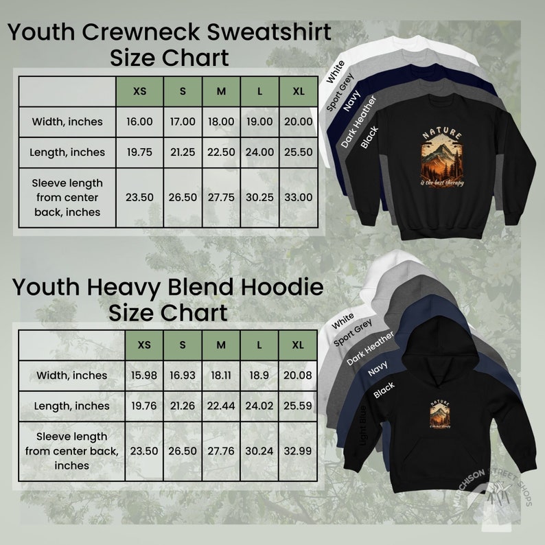 Size and color chart for Youth Unisex Sweatshirts and Hoodies