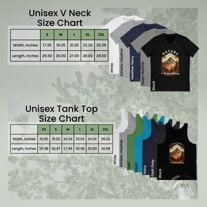 Size chart for Unisex Vneck T-shirt and tank top