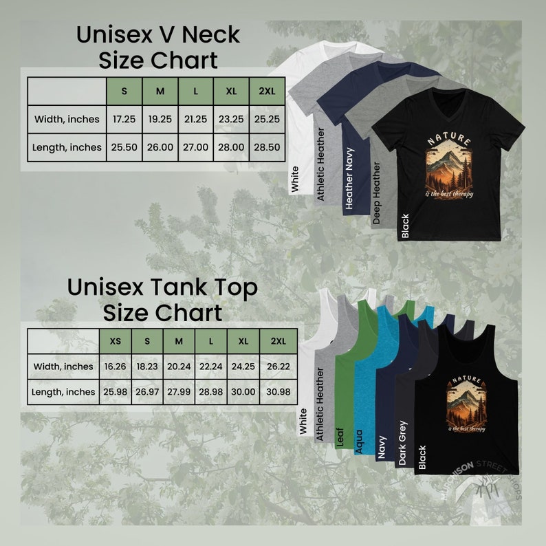 Size chart for Unisex Vneck T-shirt and tank top