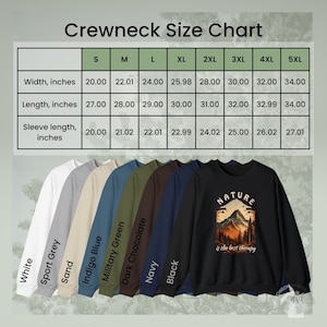 Size and color chart for Unisex Crewneck Sweatshirts