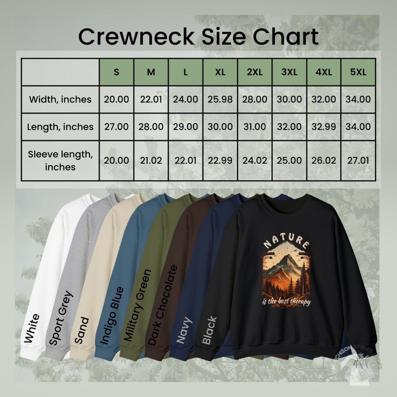 Size and color chart for Unisex Crewneck Sweatshirts