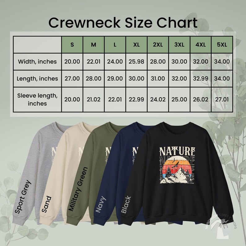 K&ouml;nnte beinhalten: Rundhals-Sweatshirts in Sport Grey, Sand, Military Green, Navy und Schwarz. Jedes Sweatshirt hat das Wort "NATURE" mit einem Berg- und Sonnenuntergangsdesign auf der Vorderseite aufgedruckt. Eine Gr&ouml;&szlig;entabelle zeigt die Ma&szlig;e in cm.