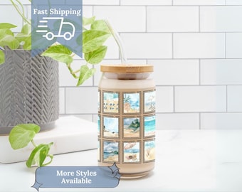 Beach Glass Tumbler with Straw Drink Set for Beach House Decor Coastal Style Drinking Glass Bamboo Lid Beverage Container Summer Drink Ocean