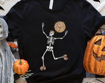 Disco Roller Skating Skeleton T Shirt Halloween Roller Skate Tee Retro Roller Rink Graphic Shirt Spooky Halloween Outfit Roller Skating Gift