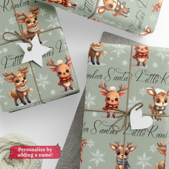 Personalized Kids Christmas Wrapping Paper Custom Name Gift Wrap Reindeer Holiday Paper Santas Little Reindeer Christmas Gift Wrapping Roll