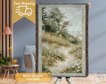 Landscape Throw Blanket Nature Lover Gift Rustic Home Decor Watercolor Print Cozy Mountain River Sea Woods Scene Wall Hanging Cottage Core
