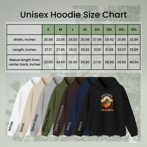 Size and color chart for Unisex Hoodies