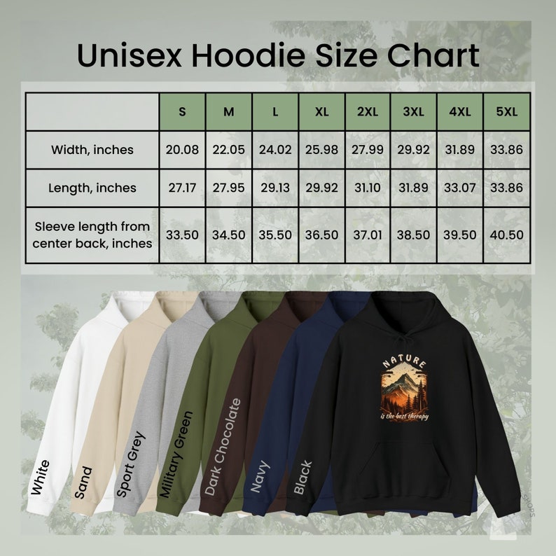 Size and color chart for Unisex Hoodies