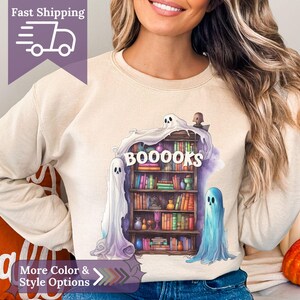 Books Crewneck Sweatshirt Oversized Pullover for Her Library Ghost Hoodie Fun Bookish Ghosts Popular Halloween Top Spooky Teacher Shirt Cozy