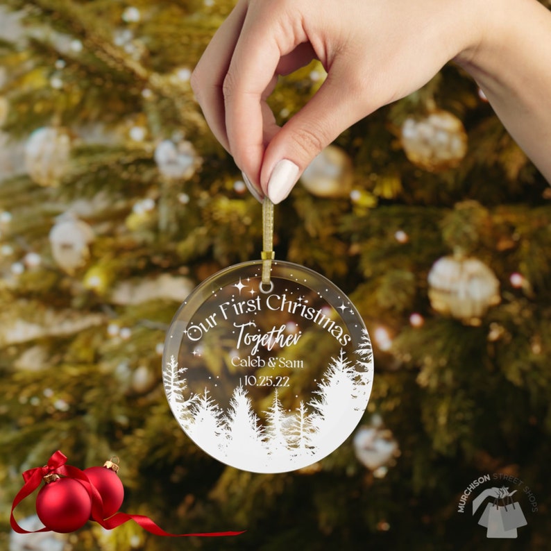 First Christmas Together Personalized Wedding Gift Bauble clear glass with white forest and a starry sky, personalized with names and date.