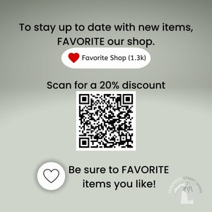 Sage green background with information to favorite the shop to stay up to date with new items, scan QR code for a 20% discount and favorite items you like.