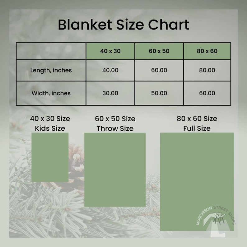 Sage green background with a size chart showing three sizes in inches; 40x30 kids size, 60x50 throw size, and 80x60 full size.