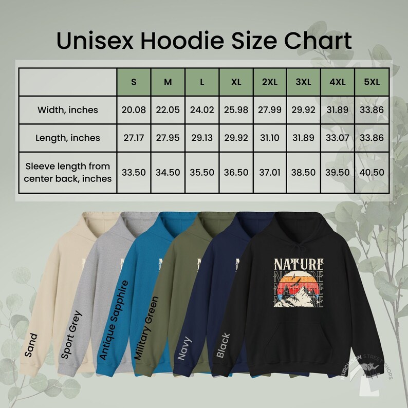 K&ouml;nnte beinhalten: Eine Gr&ouml;&szlig;entabelle f&uuml;r Unisex-Hoodies mit Ma&szlig;en in Zoll. Die Tabelle zeigt Breite, L&auml;nge und &Auml;rmell&auml;nge f&uuml;r die Gr&ouml;&szlig;en S bis 5XL. Darunter sind sechs Hoodies in verschiedenen Farben, darunter Sand, Sportgrau und Schwarz. Der schwarze Hoodie hat eine "NATURE" Grafik.