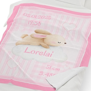 Personalized baby blanket with name and date of birth - gift for birth - for girls - children&#39;s blanket - bunny sleeping on a cloud