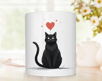 Adorable mug with cat and heart balloon - for cat moms - gift for cat lovers, minimalist black cat design - cat motif mug