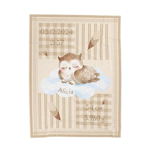 Baby blanket personalized with name and birth date - gift for birth - children&#39;s blanket - owl sleeping on cloud - brown blanket