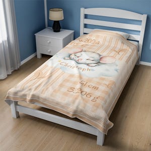 Baby blanket personalized with name and birth date - gift for birth - children&#39;s blanket cuddly blanket - mouse sleeping on cloud - brown blanket