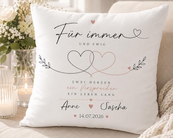 Personalisiertes Kissen Hochzeit mit Namen & Datum - Geschenk zur Hochzeit - Partner Geschenk, Valentinstag, Jahrestag, Hochzeitsgeschenk