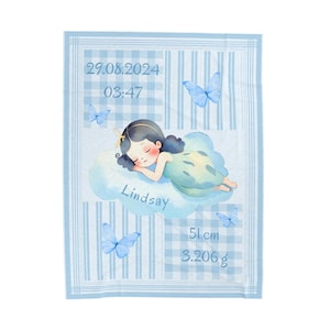 Personalized baby blanket with name and birth date - gift for birth - children&#39;s blanket - girl sleeping on cloud for girls