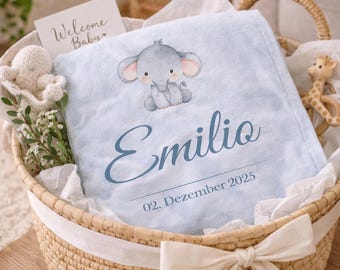 Personalized baby blanket with name – cuddly baby blanket gift for a newborn boy – blanket with date of birth – christening gift for a baby elephant