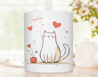 Personalizable mug with cat and hearts - for cat moms - gift for cat lovers - minimalist modern - mug with cat motif