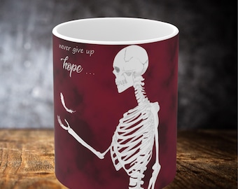 Skull mug - skeleton with feather - biker mug, punk, metal, rocker, gothic style, dark design, ceramic mug, coffee mug, tea mug