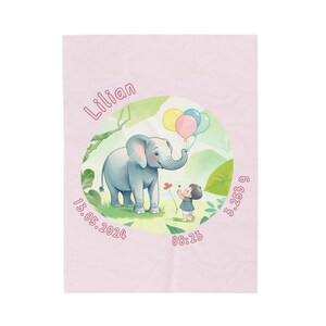 Personalized baby blanket - birth gift - elephant baby blanket for girls - pink children&#39;s blanket - cuddly blanket - elephant on cloud