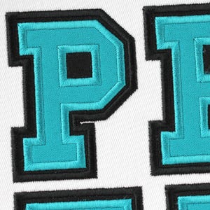 以下が含まれることがあります： 黒と白のアクセントが付いた、刺繍されたターコイズ色の文字のクローズアップ。文字はブロック体で、黒いアウトラインと白い背景があります。ステッチは詳細で質感があります。