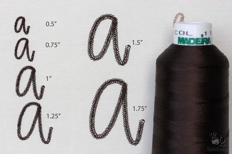 May include: A spool of dark brown Madeira thread next to embroidered letter "a" samples in various sizes: 0.5", 0.75", 1", 1.25", 1.5", and 1.75". The thread spool has a white label with green text.