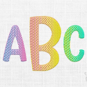 May include: Embroidered letters A, B, and C in a rainbow gradient on a white fabric background.
