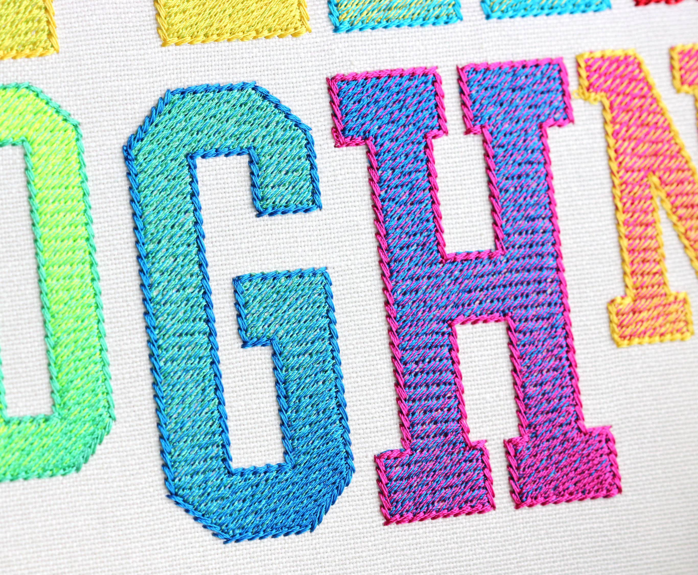Narrow College Gradient Font for Machine Embroidery ORDINARY THREADS required Ombre Alphabet 1.5, 2, 2.5, 3, 3.5, 4 inches sizes BX included