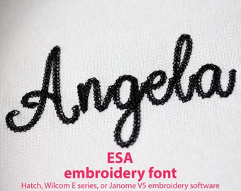 May include: Embroidered name "Angela" in a cursive font. The text "ESA embroidery font" is below the name. The text "Hatch, Wilcom E series, or Janome V5 embroidery software" is below the font name.