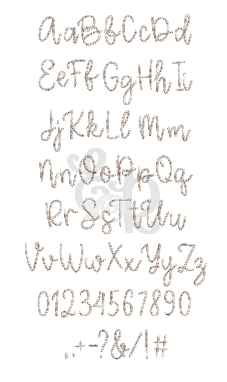May include: A complete alphabet and number set in a handwritten style. The letters, numbers, and symbols are in a light brown color, with a textured, stitched appearance. The image is on a white background.