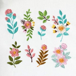 Può includere: Disegni floreali ricamati in vari colori, tra cui rosa, bianco, giallo e verde. I disegni presentano diversi tipi di fiori e foglie, creando un motivo delicato e affascinante.