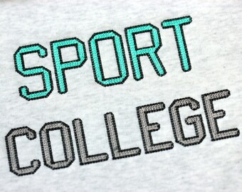 May include: A white t-shirt with the words "SPORT COLLEGE" embroidered in black and turquoise thread.
