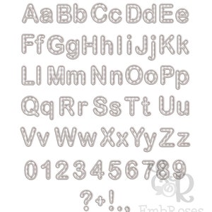 May include: A set of uppercase and lowercase letters, numbers, and punctuation marks in a white and gray gingham pattern with a gray outline. The letters and numbers are in a bold, rounded font. The text "EmbRoses" is at the bottom of the image.