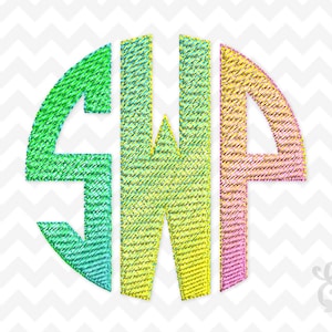 May include: A circular monogram with the letters "S", "W", and "P" in a rainbow color gradient. The letters are stitched together in a circular shape.