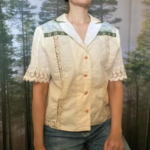 Upcycled Lace Blouse, Reworked Cotton Summer Top, Size EU 42, Eco Friendly Clothing for Women, Unique Sustainable Floral Fashion