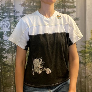 Upcycled Women&#39;s T-shirt, Unique Patchwork Tee, EU Size 40, Eco-Friendly Clothing, Retro Sustainable Shirt for Women, Reworked Graphic Top