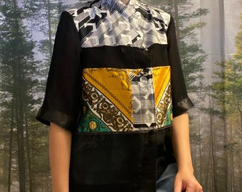 Bluzka kimono z patchworku z recyklingu, geometryczne, kwiatowe wzory boho do noszenia, top damski, rozmiar EU 42, jedyna w swoim rodzaju koszula, zrównoważona odzież
