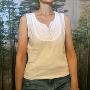 Upcycled White Lace Tank Top, EU Size M, Reworked Embroidered V-Neck Camisole, Vintage Inspired Cottagecore Blouse, Sustainable Fashion