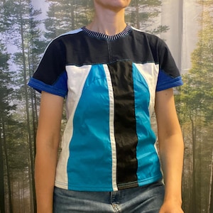 Upcycled Patchwork T-Shirt, Color Block Tee, EU Size S, Eco-Friendly Unisex Gift, Blue Black White Patchwork Streetwear, Reworked Statement
