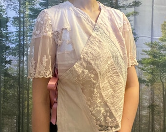 Upcycled Lace Top, Bohemichal Summer Blouse, Eco Friendly, EU Size 40, Upcycled Clothing for Women, Wrap-around Top with Lace, Boho Blouse