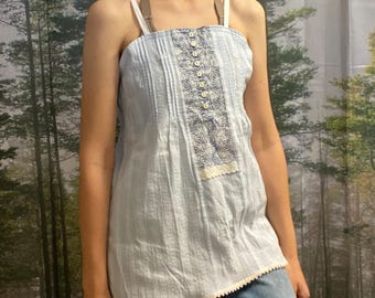 Upcycled Blue Babydoll Top, EU Size 40-42, Reworked Womens Clothing, Eco Friendly Summer Blouse with Lace, Soft Cotton Tank